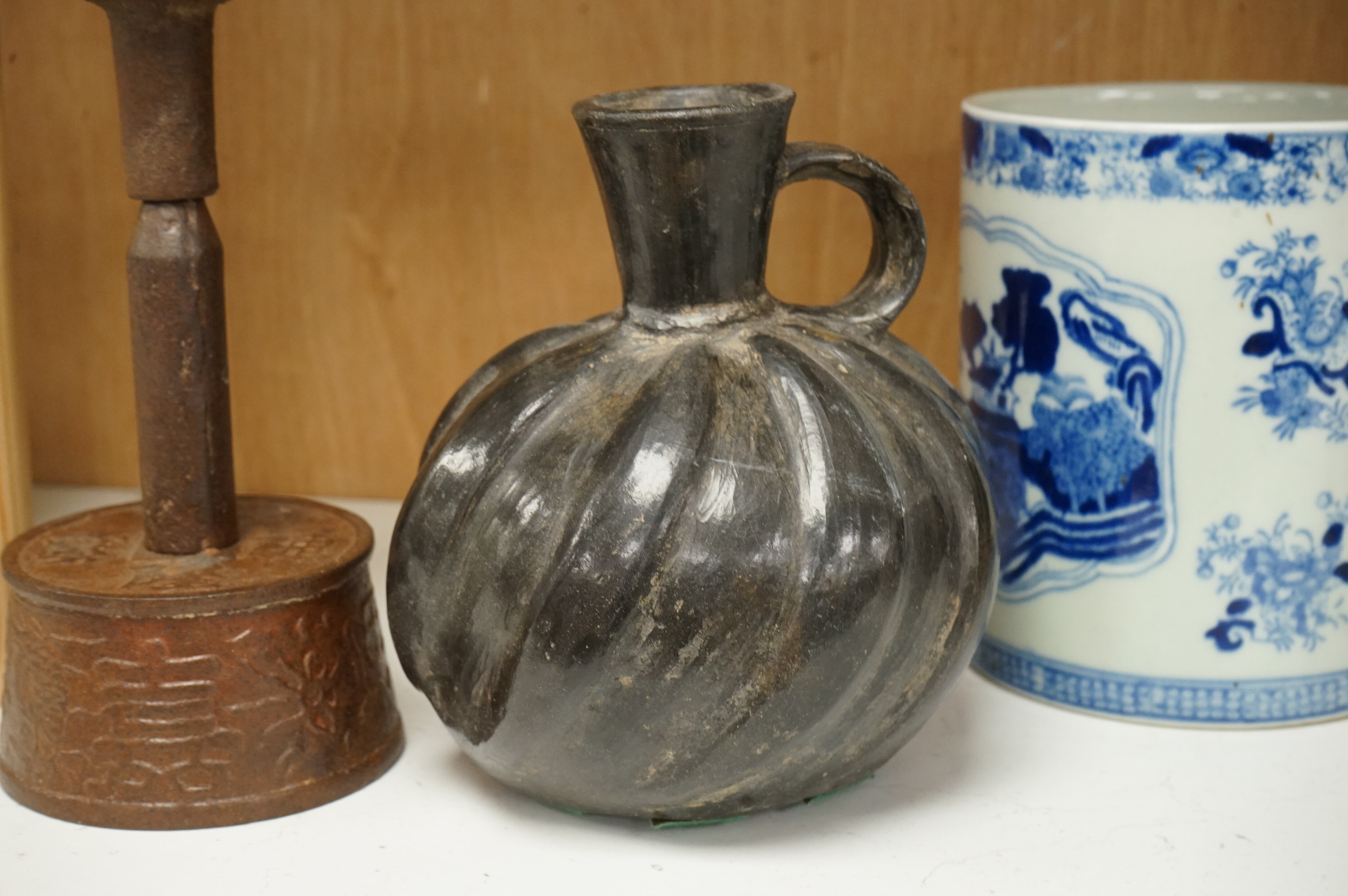 Oriental items to include a crackleglaze bowl on stand and a bamboo brush pot, together with two other vessels, largest 27cm in diameter